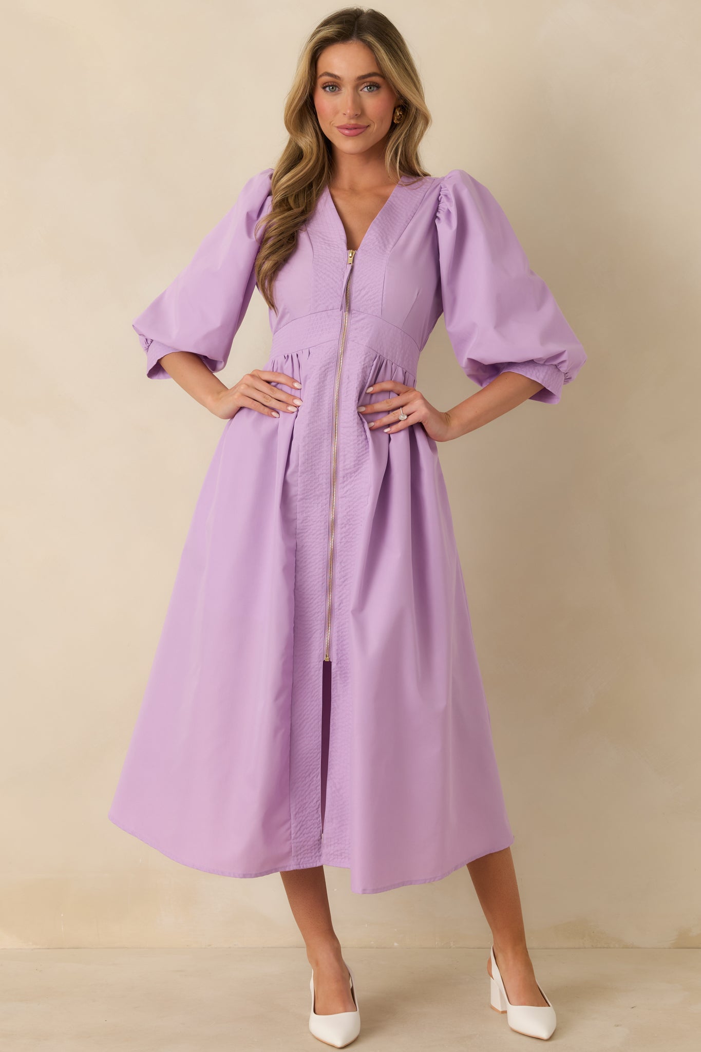 To Be Fair Lavender Blouson Sleeve Zip Up Midi Dress