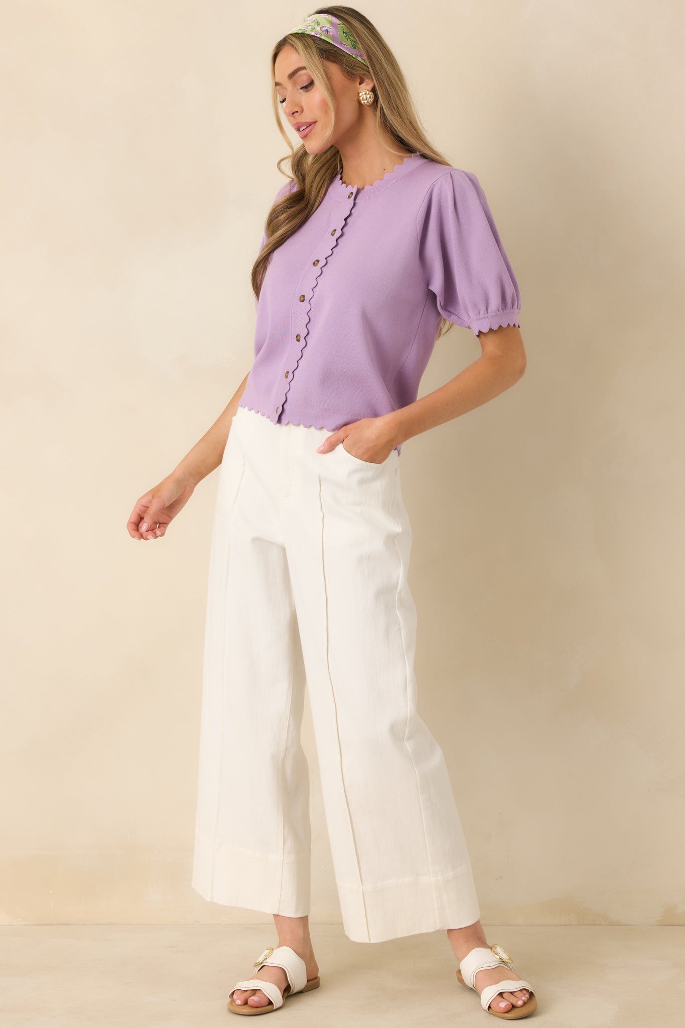 Simply So Cute Lavender Knit Scalloped Edge Puff Sleeve Button Up Cardigan