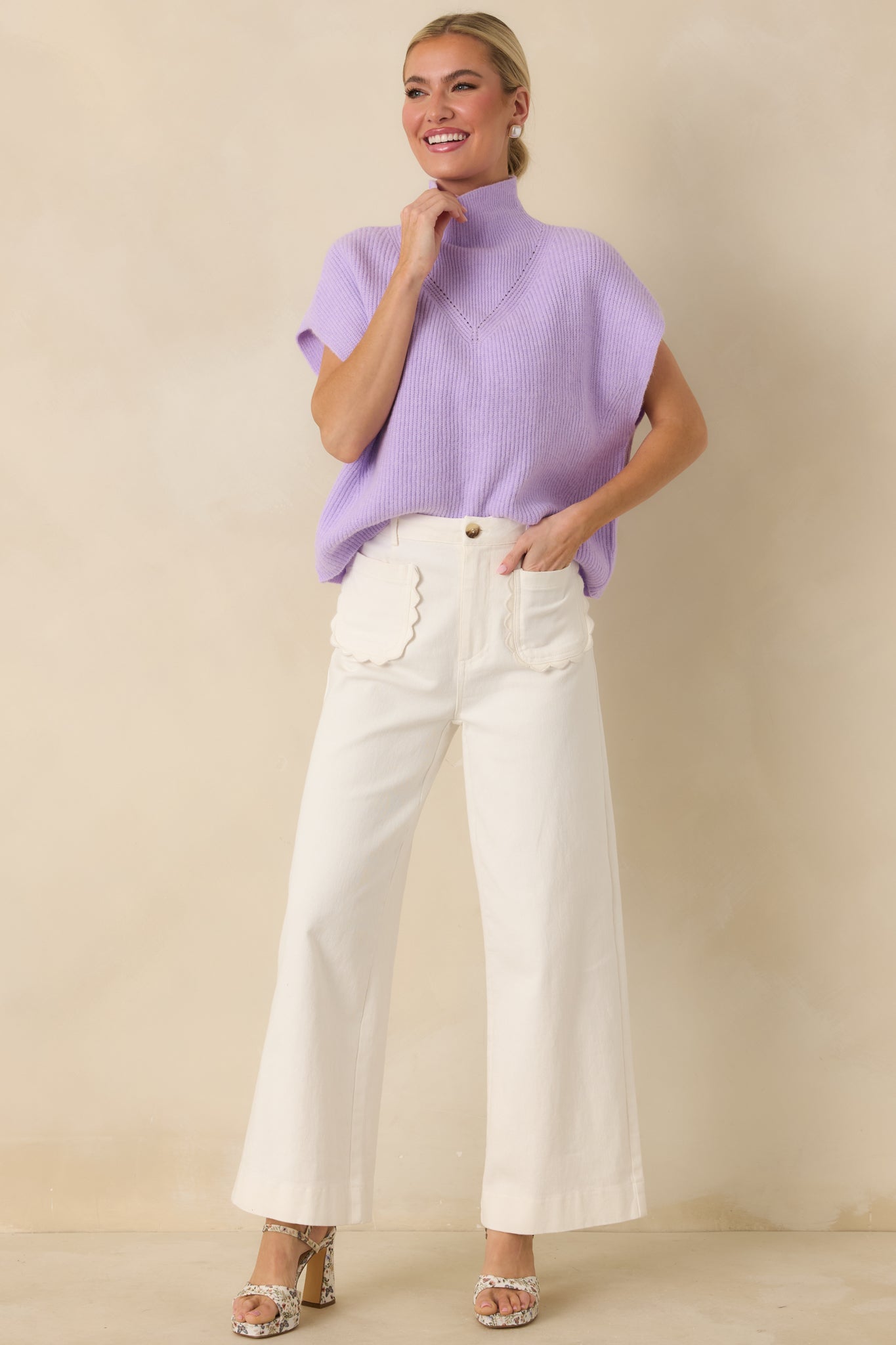 Cool Intentions Lavender Ribbed Knit Mockneck Cap Sleeve Sweater