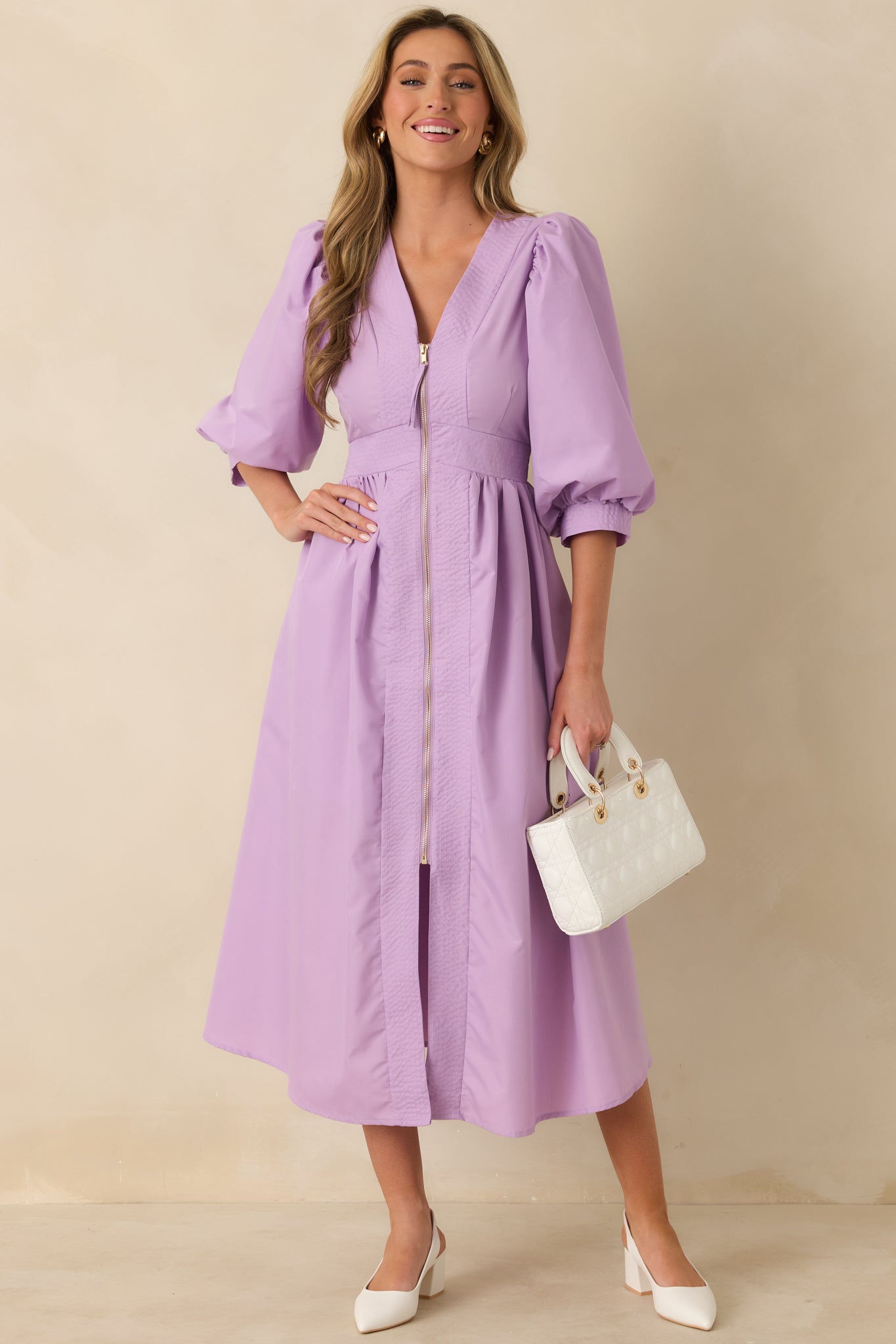 To Be Fair Lavender Blouson Sleeve Zip Up Midi Dress