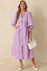 To Be Fair Lavender Blouson Sleeve Zip Up Midi Dress