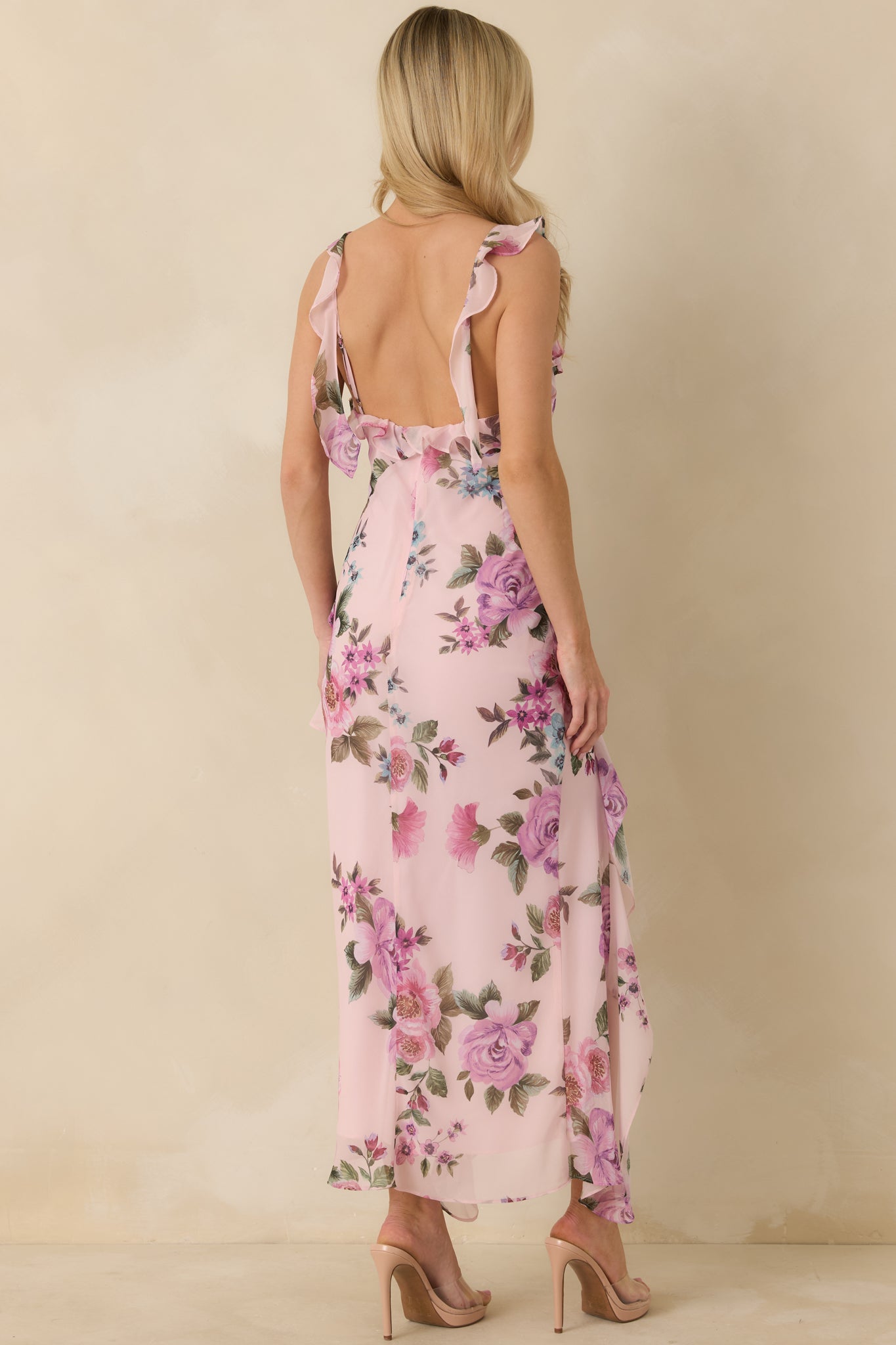 Into the Spell Lavender Multi Floral Ruffle Chiffon Sleeveless Maxi Dress