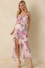 Into the Spell Lavender Multi Floral Ruffle Chiffon Sleeveless Maxi Dress