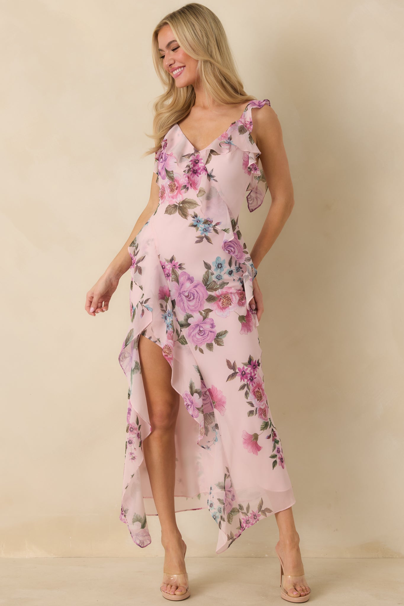 Into the Spell Lavender Multi Floral Ruffle Chiffon Sleeveless Maxi Dress