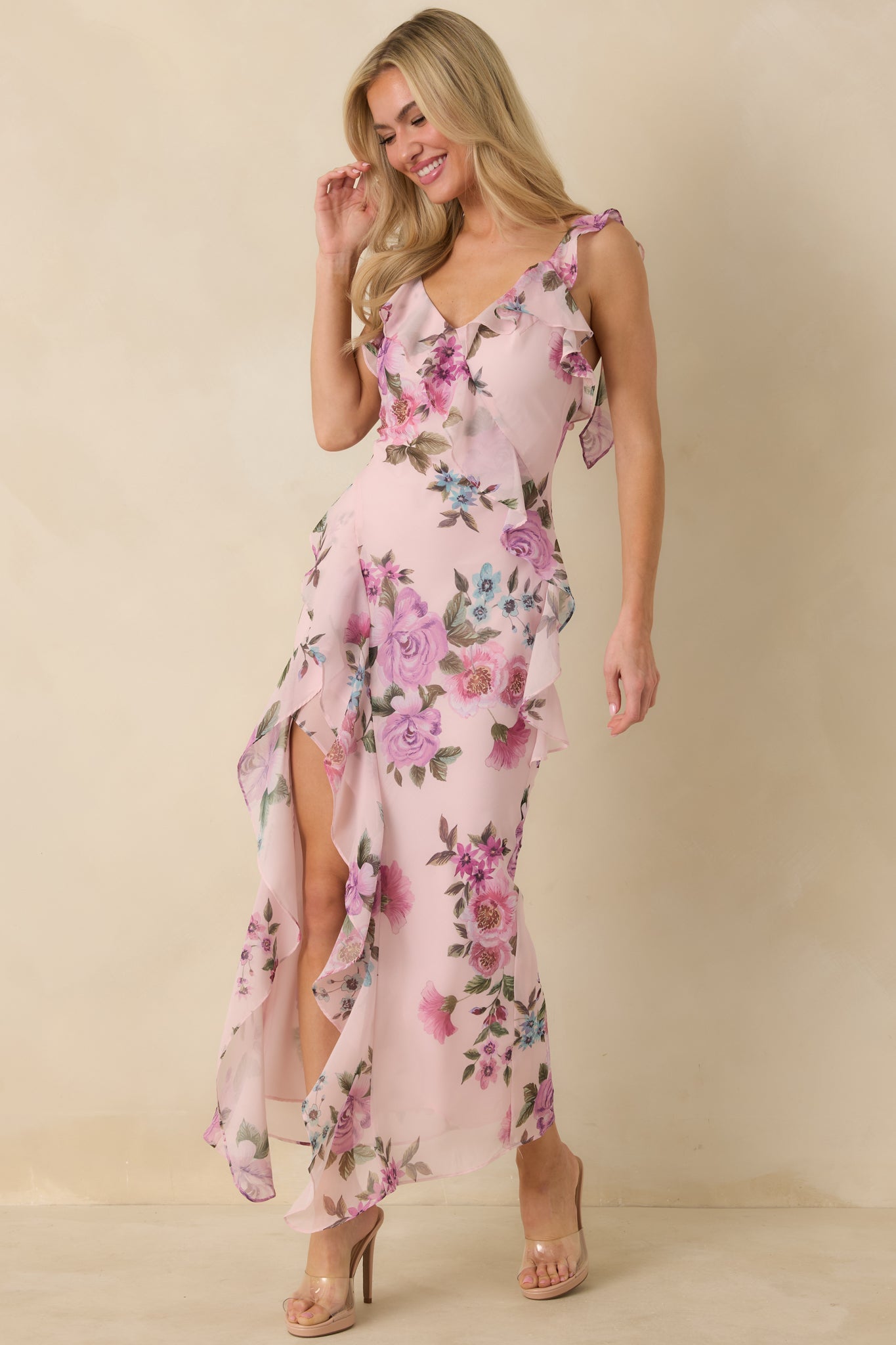 Into the Spell Lavender Multi Floral Ruffle Chiffon Sleeveless Maxi Dress
