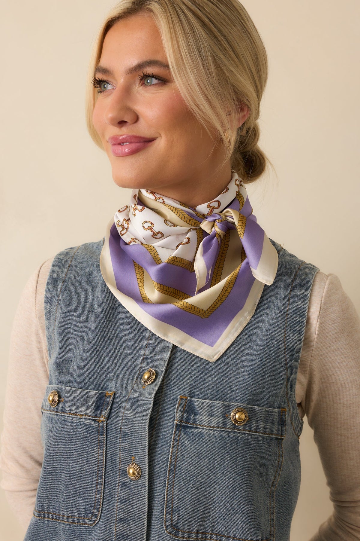 At First Light Lavender Multi Equestrian Print Satin Scarf