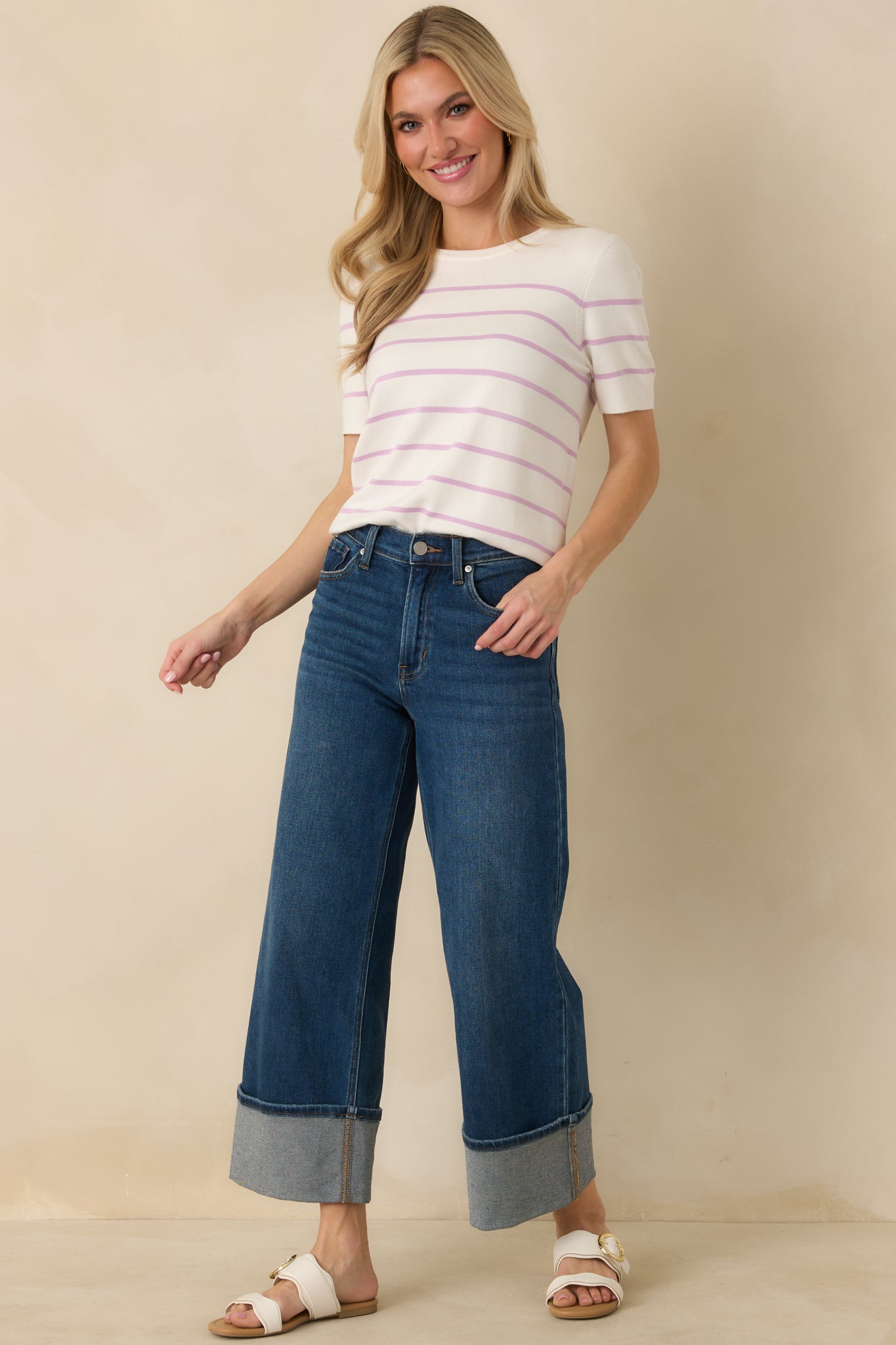 Bound to Happen Lavender Stripe Knit Short Sleeve Sweater