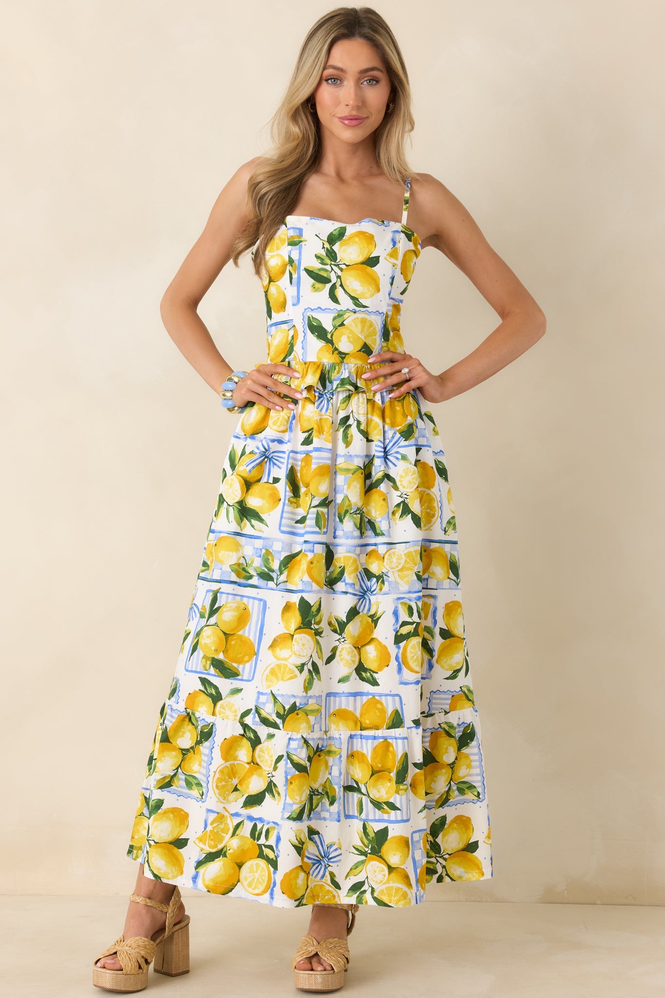 Sweet Citrus Charm White Multi Lemon Print Cotton Maxi Skirt