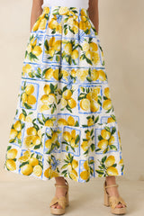 Sweet Citrus Charm White Multi Lemon Print Cotton Maxi Skirt