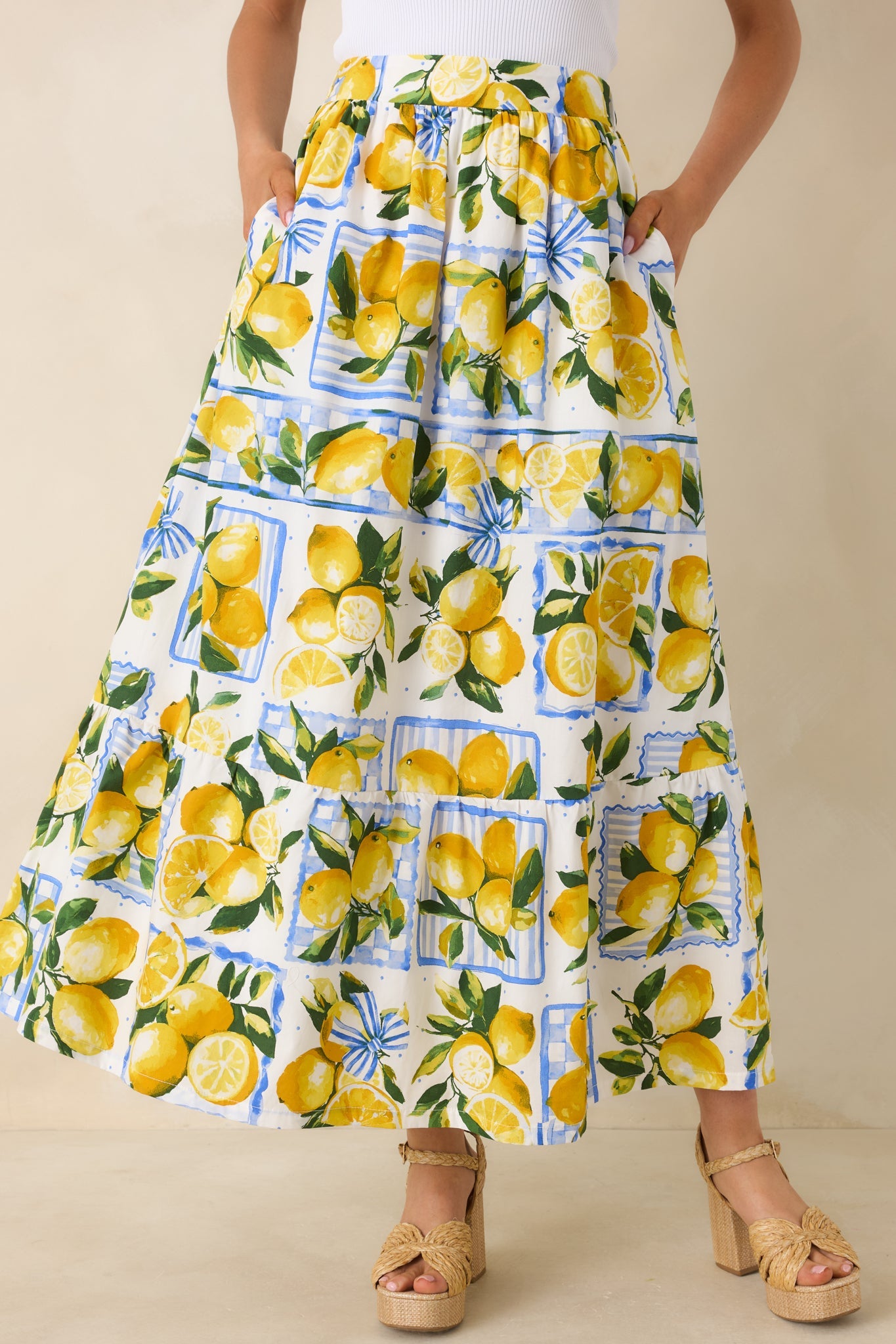 Sweet Citrus Charm White Multi Lemon Print Cotton Maxi Skirt