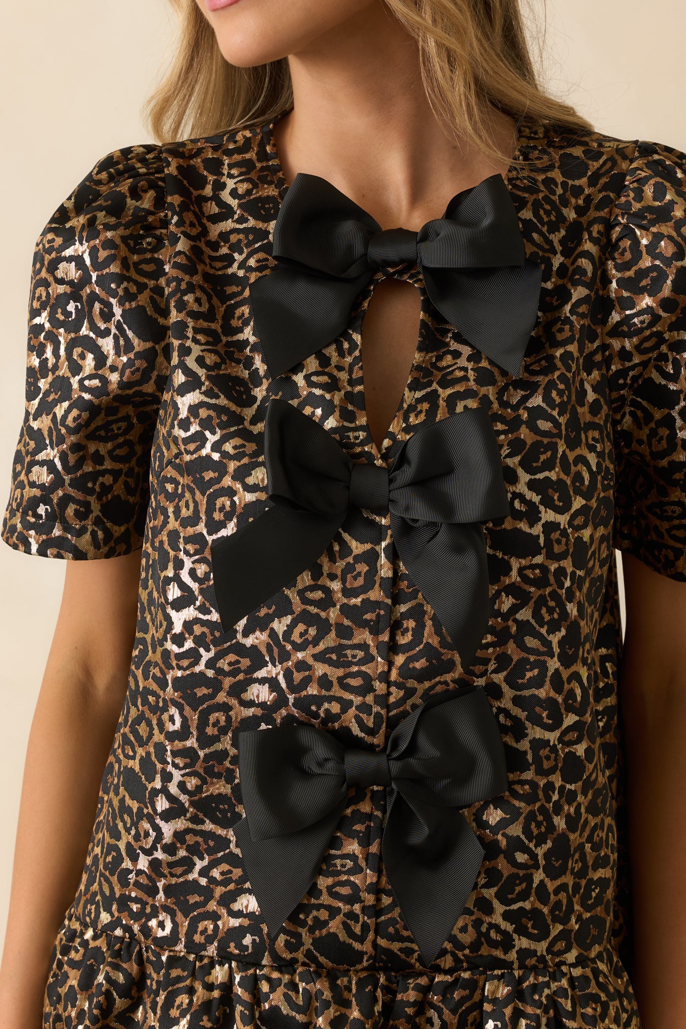 Until Then Gold Leopard Print Jacquard Mini Dress