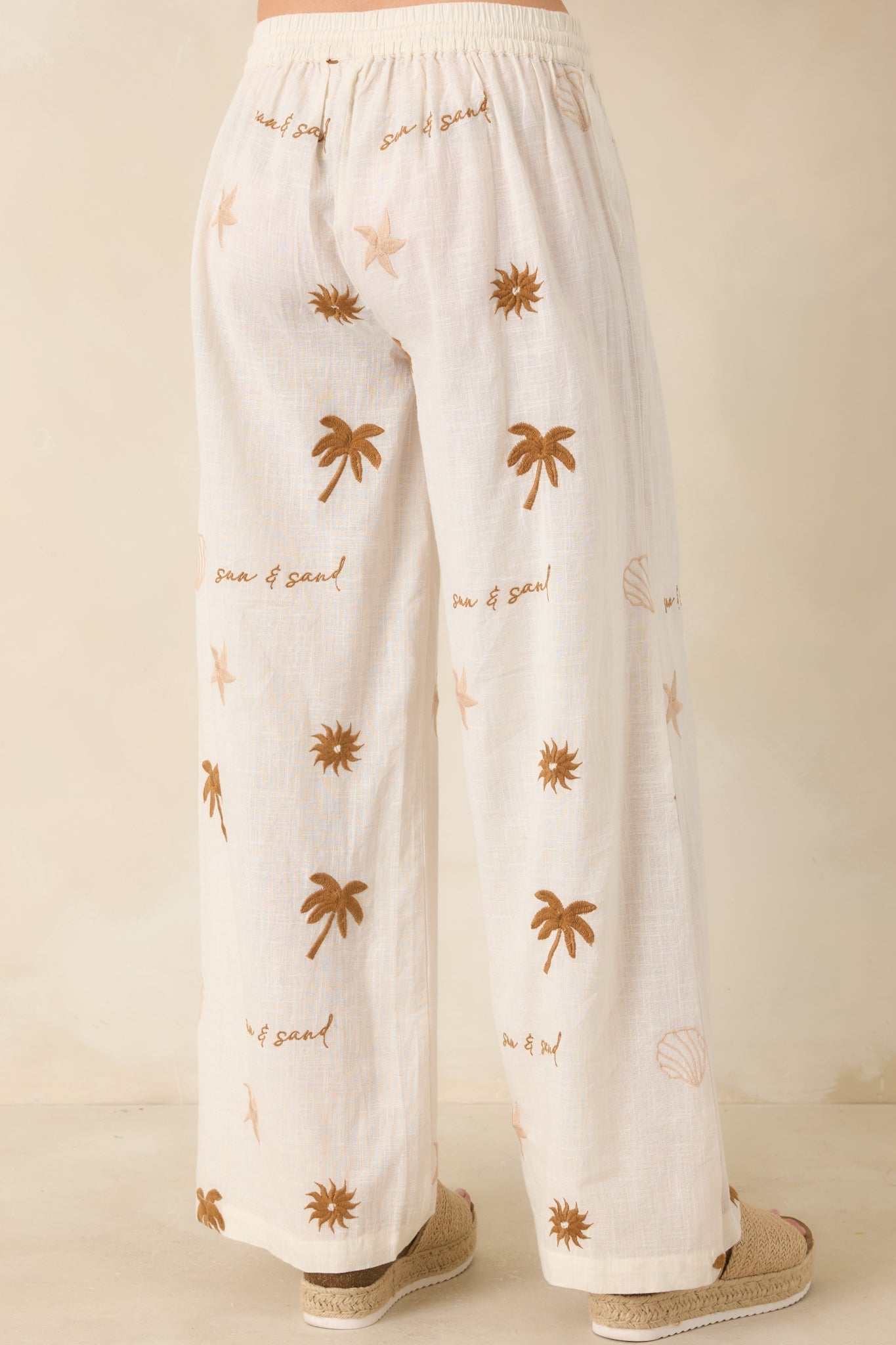 Driftwood Days Light Beige Cotton Coastal Embroidered Wide Leg Pants