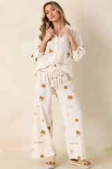 Driftwood Days Light Beige Cotton Coastal Embroidered Button Down Top