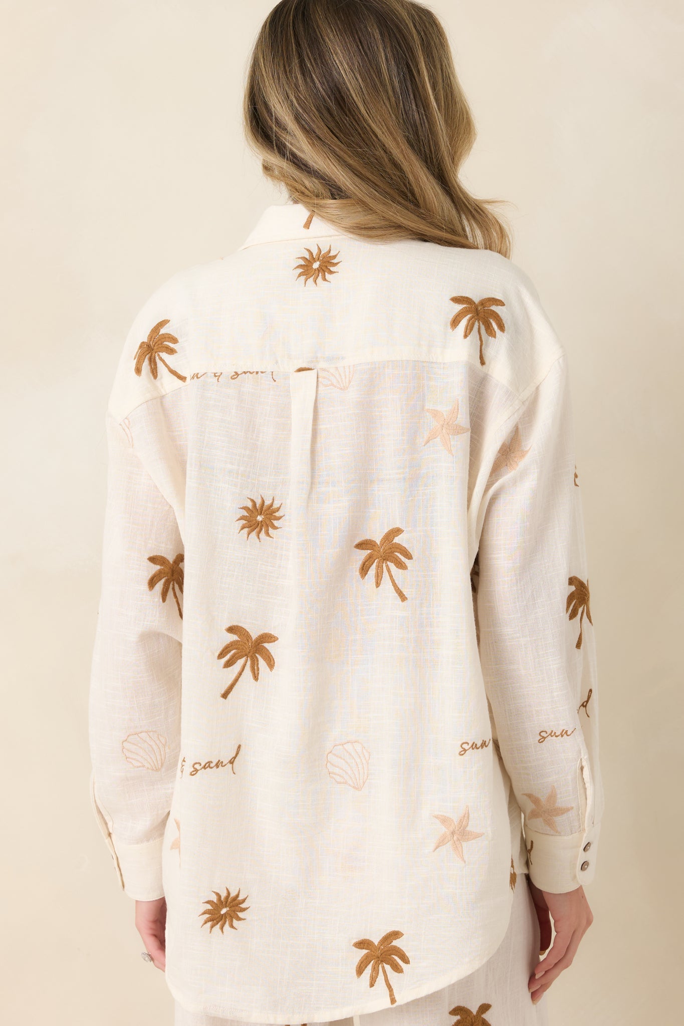 Driftwood Days Light Beige Cotton Coastal Embroidered Button Down Top