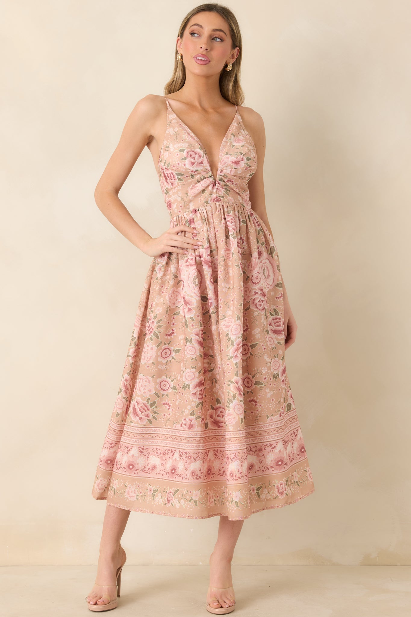 Totally in Love Beige & Pink Floral Deep V-Neck Midi Dress