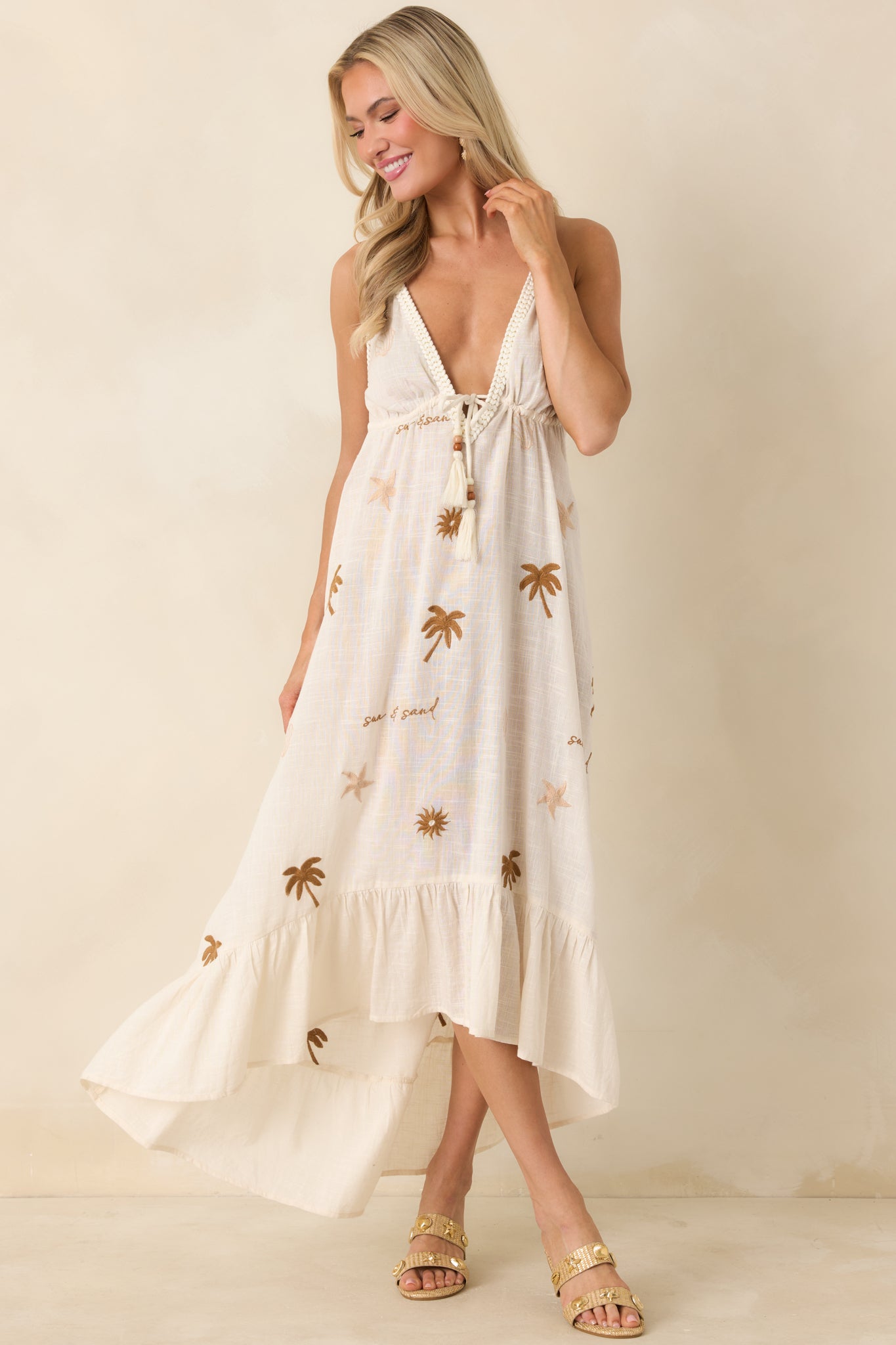 Sunwashed Sands Light Beige Cotton Coastal Embroidered Midi Dress