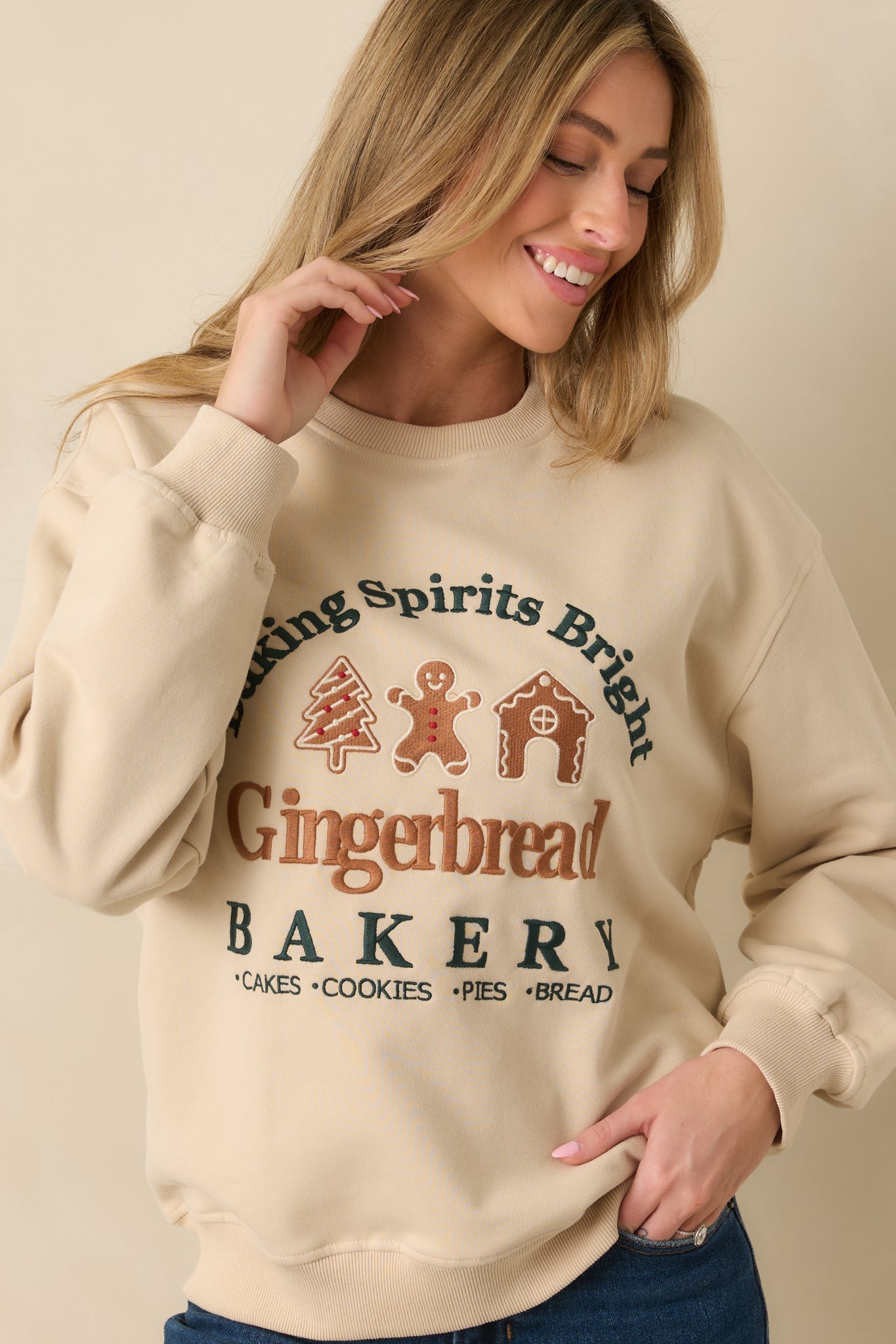 Baking Spirits Bright Light Beige Embroidered Crewneck Sweatshirt