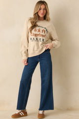 Baking Spirits Bright Light Beige Embroidered Crewneck Sweatshirt