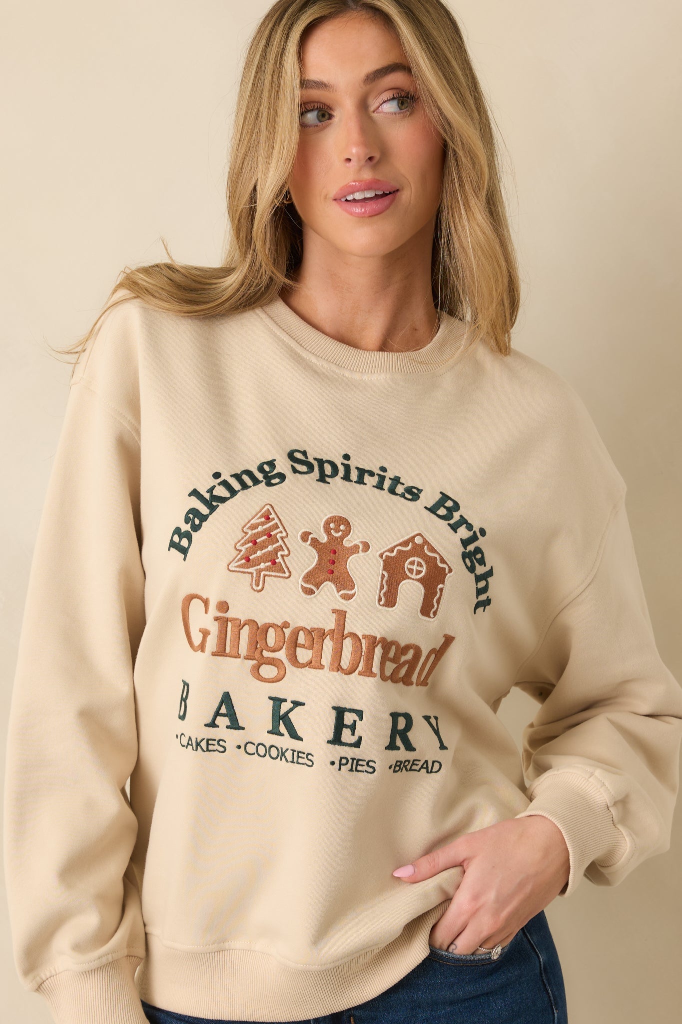 Baking Spirits Bright Light Beige Embroidered Crewneck Sweatshirt