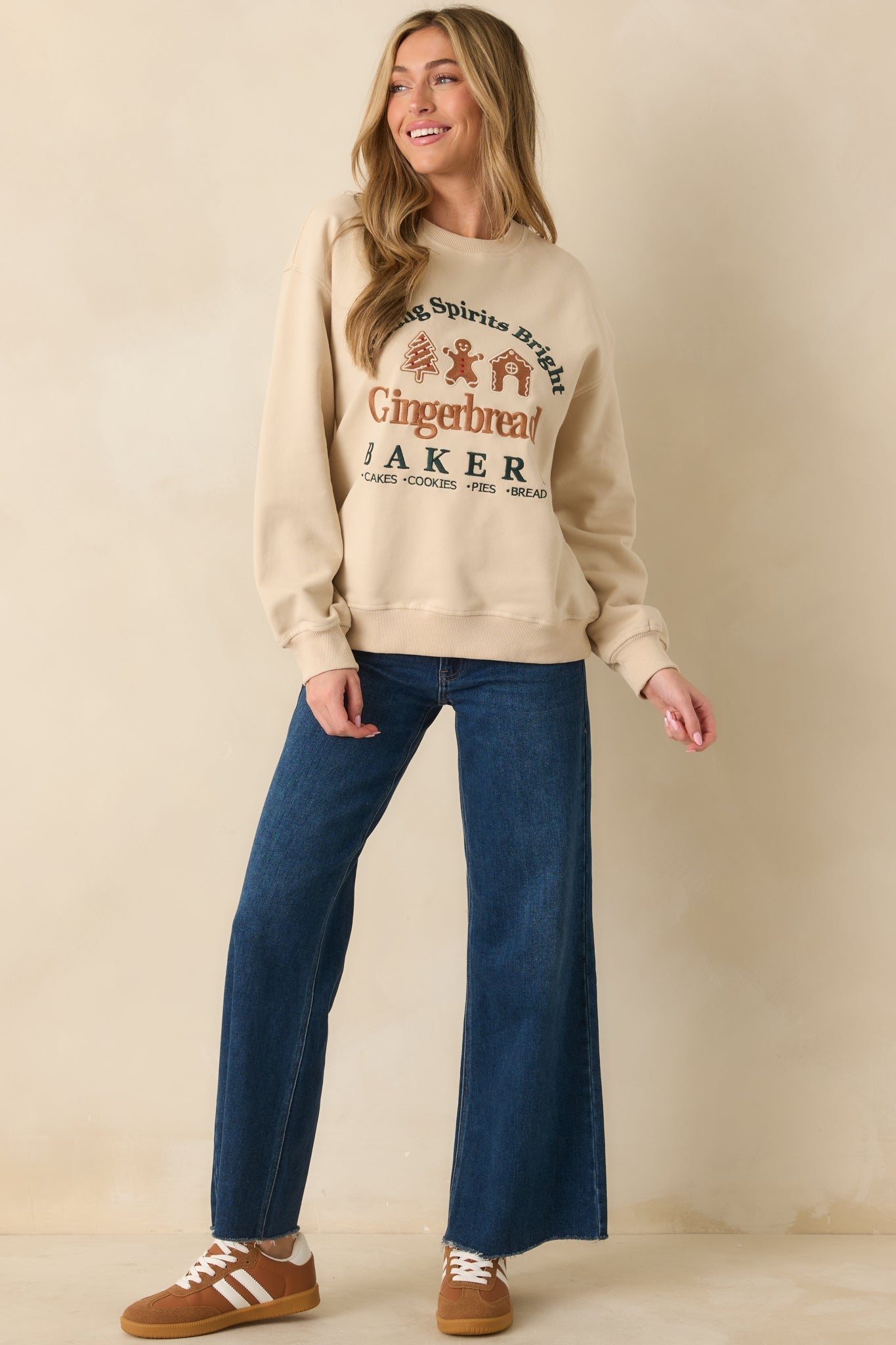 Baking Spirits Bright Light Beige Embroidered Crewneck Sweatshirt