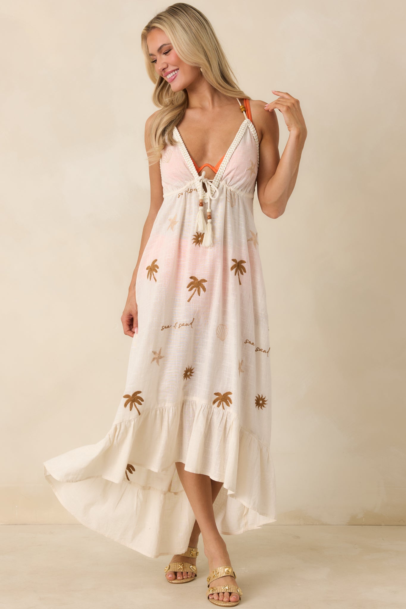 Sunwashed Sands Light Beige Cotton Coastal Embroidered Midi Dress