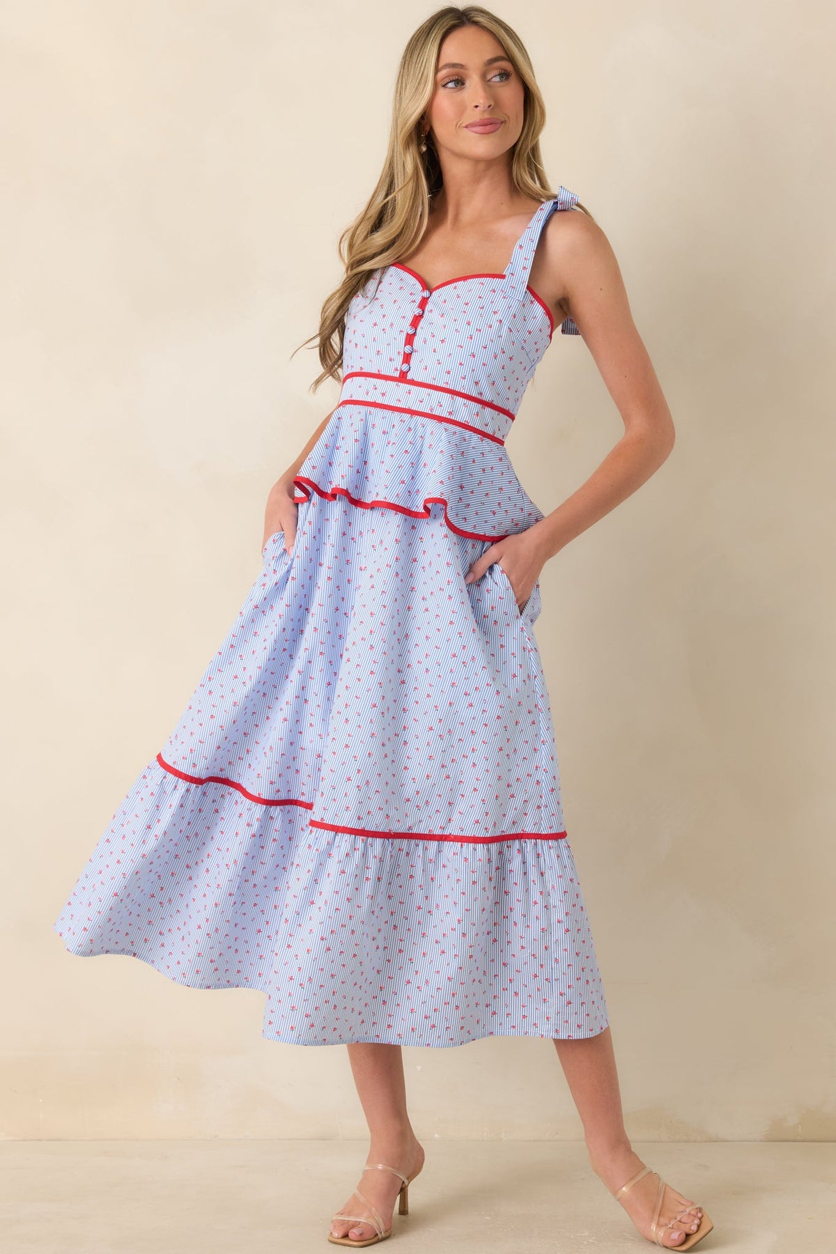 Sweet Tea in July Light Blue & Red Cotton Floral Stripe Peplum Midi Dress