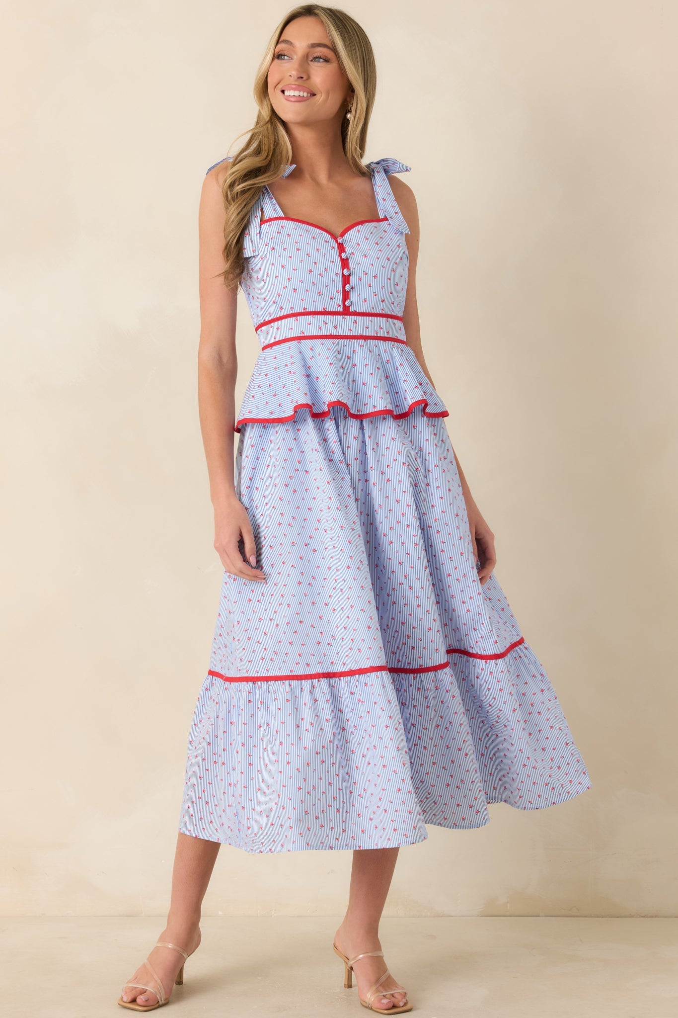 Sweet Tea in July Light Blue & Red Cotton Floral Stripe Peplum Midi Dress