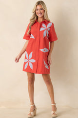 Bloom & Be Seen Poppy Red Cotton Floral Applique Mini Shirt Dress