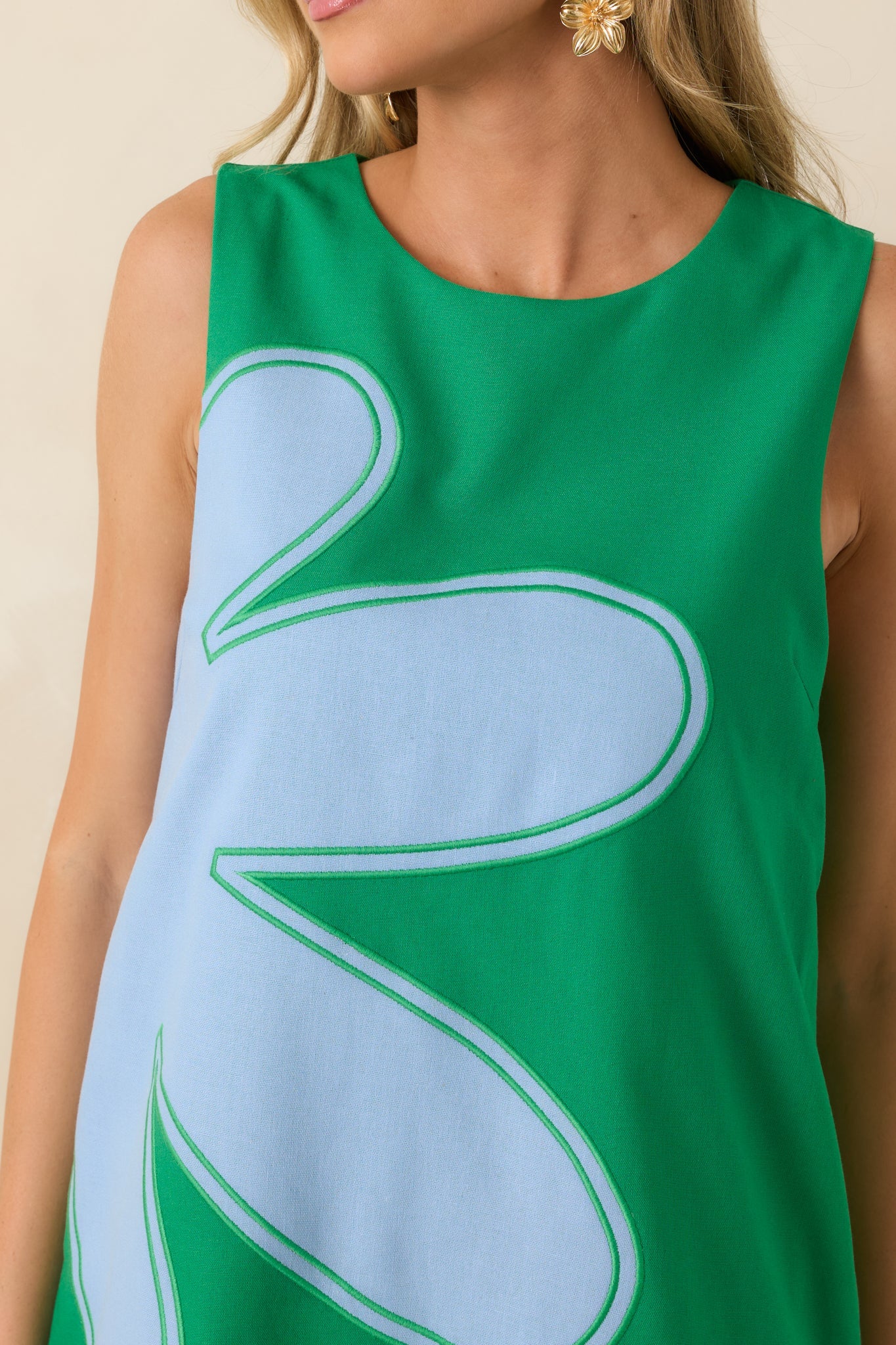 Mood Booster Green & Blue Appliqué Mini Shift Dress