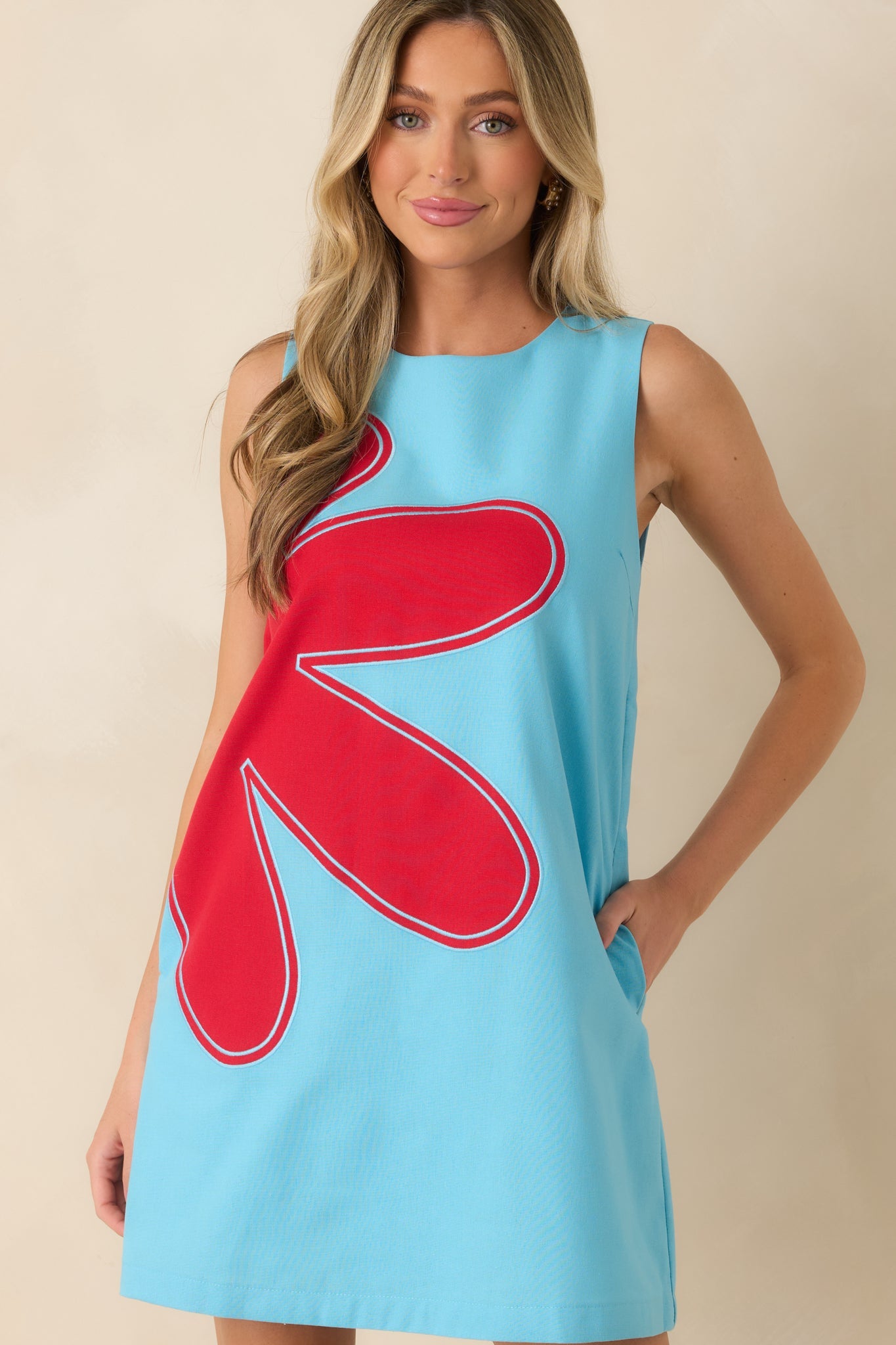 Mood Booster Light Blue & Red Appliqué Mini Shift Dress