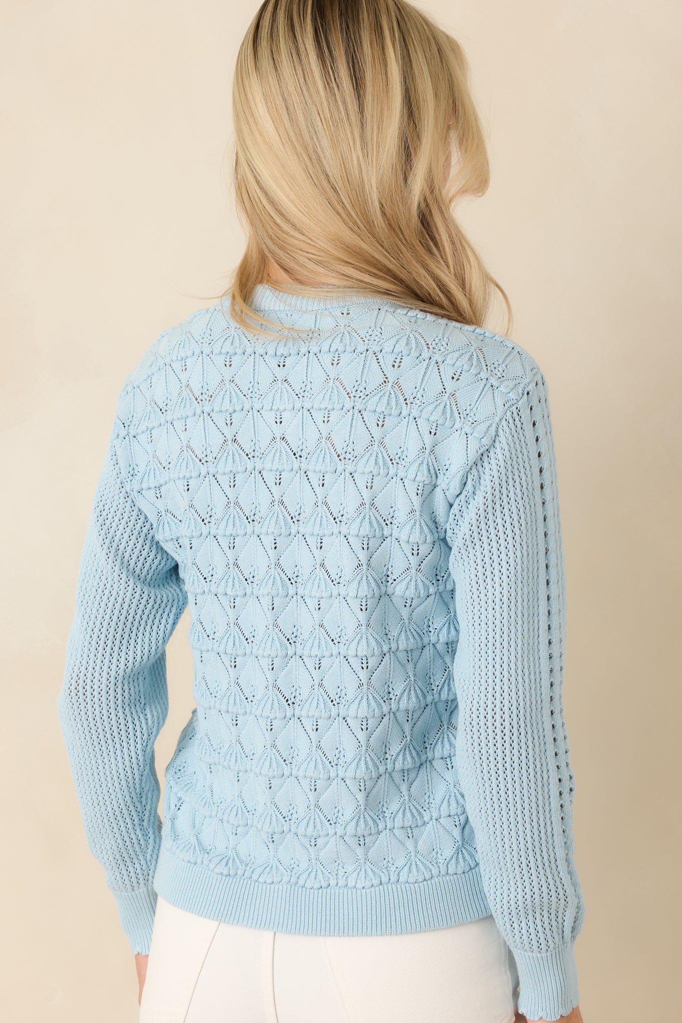 Ever So Classic Light Blue Pointelle Knit Button Front Cardigan
