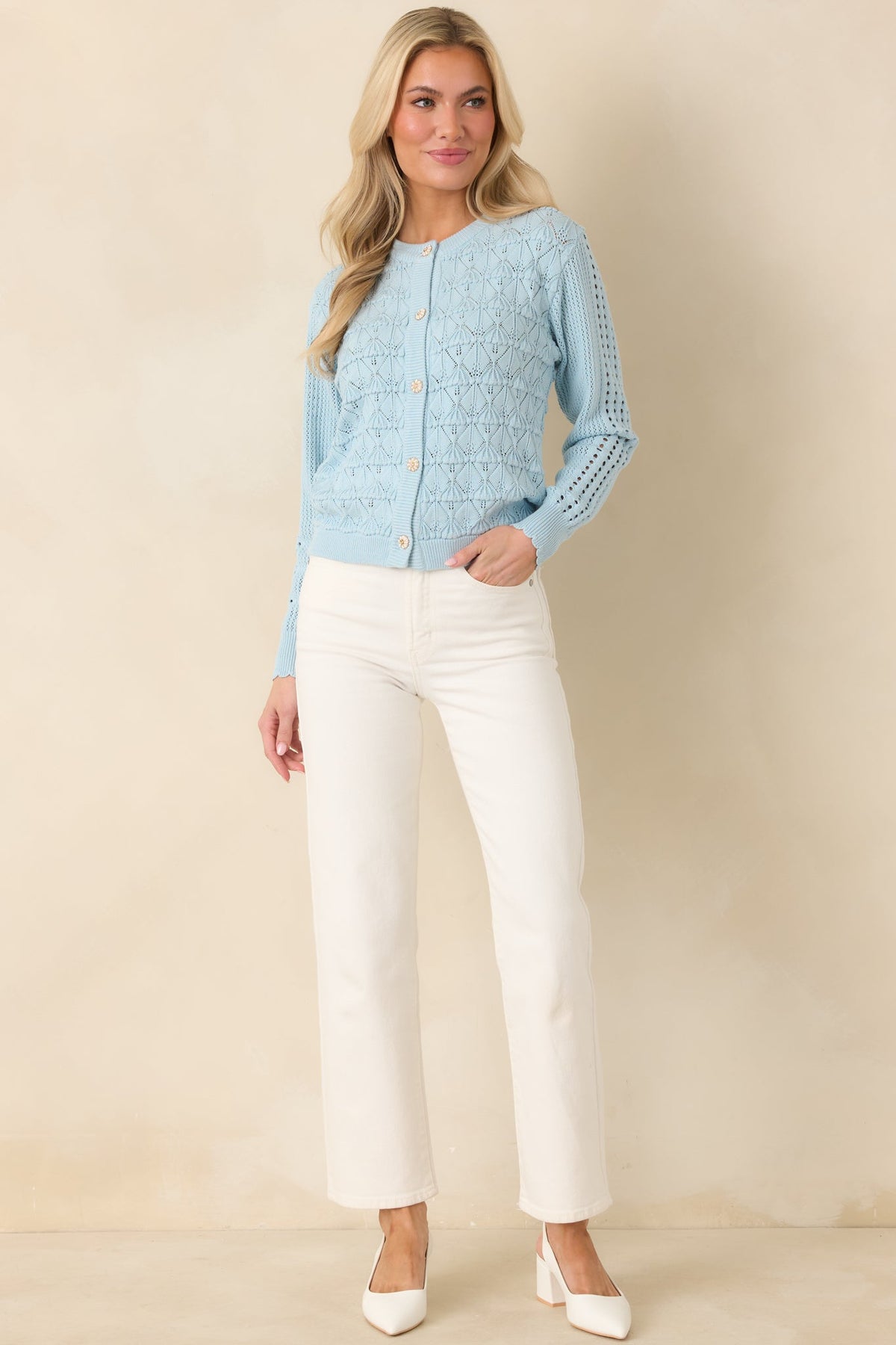 Ever So Classic Light Blue Pointelle Knit Button Front Cardigan