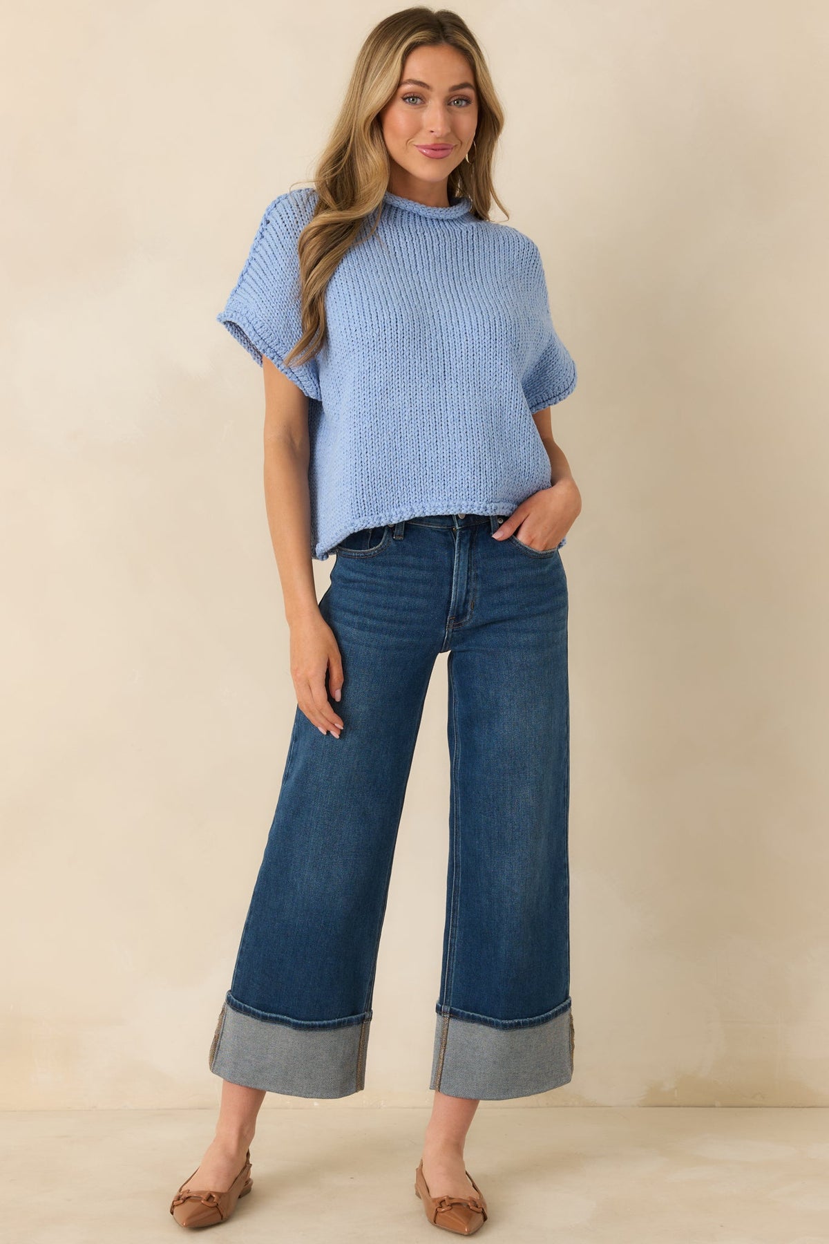 Have a Knack For It Light Blue Chunky Knit Cotton Short Sleeve Sweater