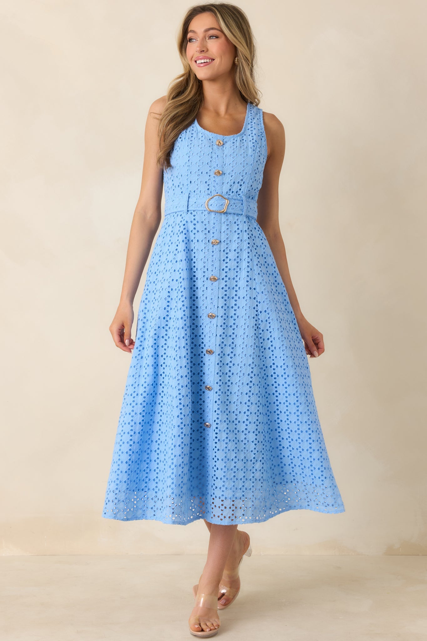 Garden Society Blue Cotton Eyelet Sleeveless Midi Dress