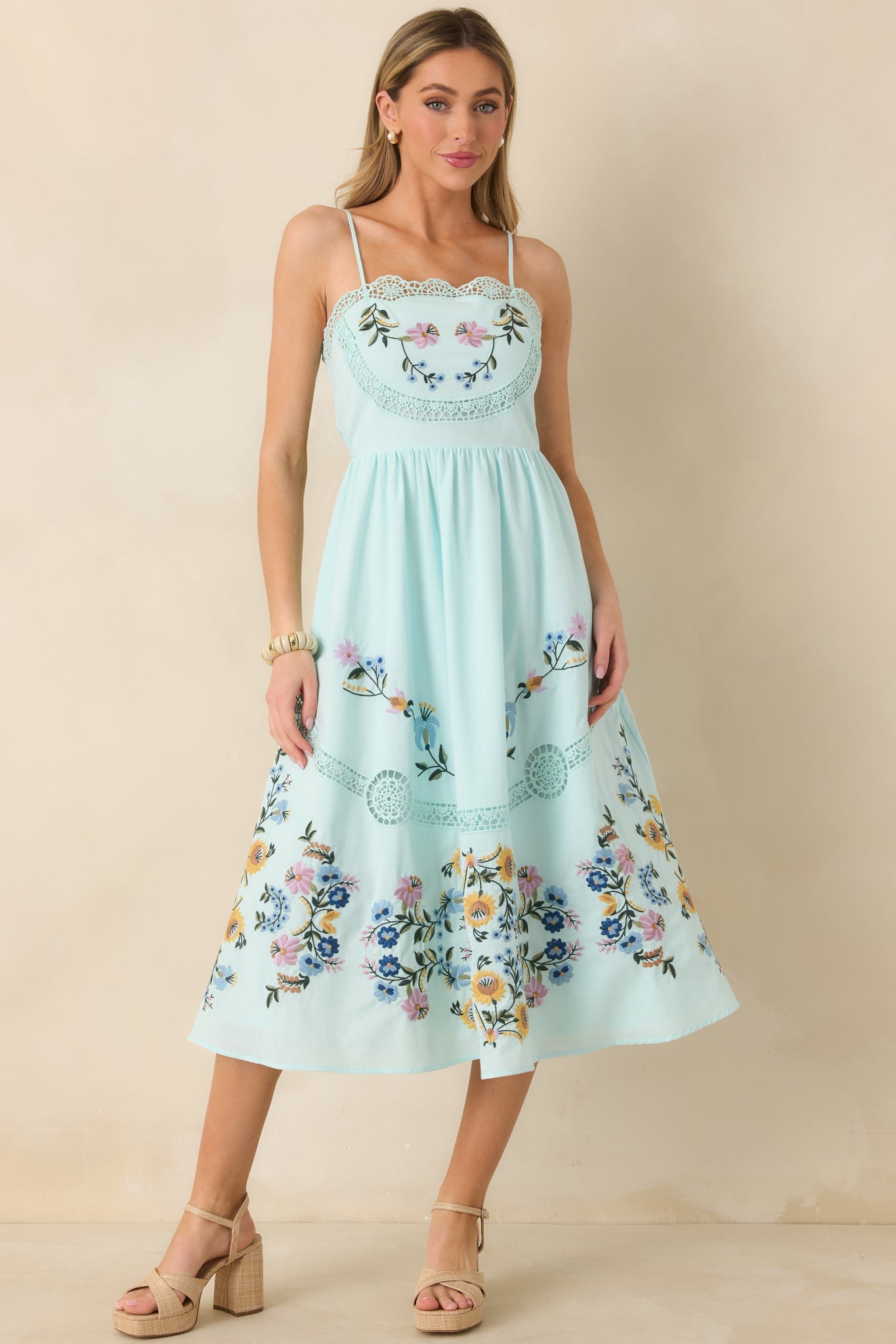 Dancing In The Garden Light Blue Floral Cotton Midi Dress