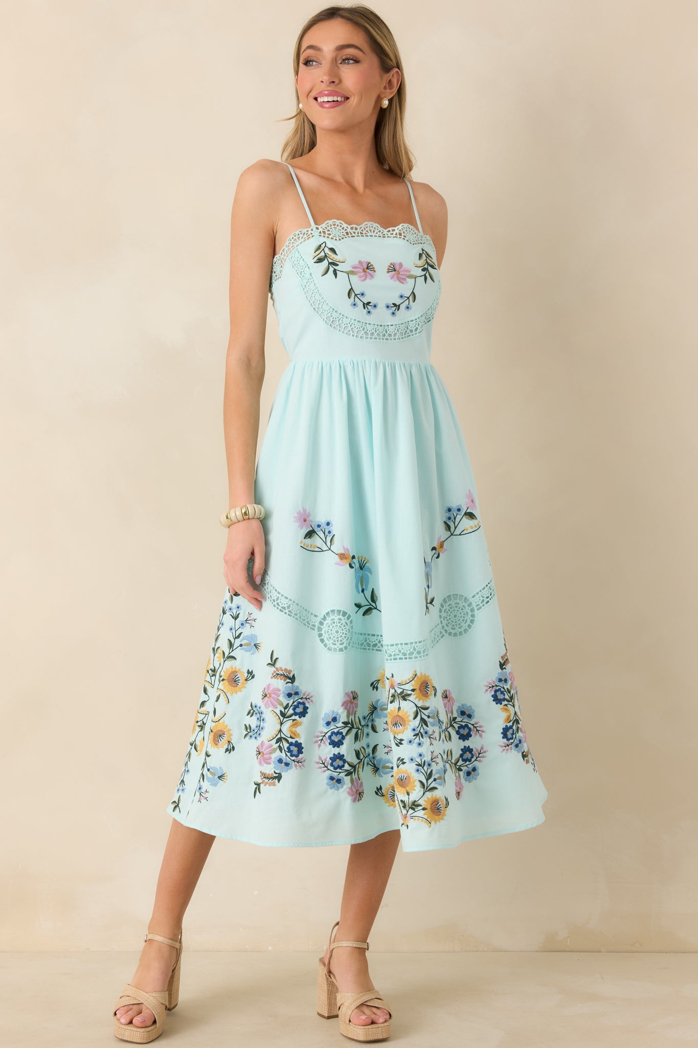 Dancing In The Garden Light Blue Floral Cotton Midi Dress