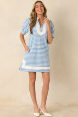 Easy Days Only Light Blue Stripe Puff Sleeve V-Neck Mini Dress