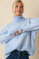 Winter Wanderer Light Blue Snowflake Knit Turtleneck Sweater