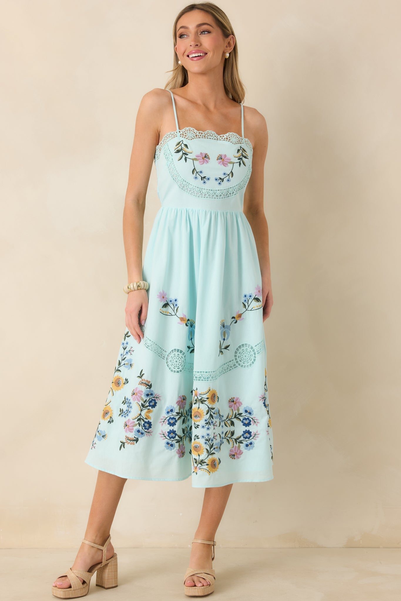 Dancing In The Garden Light Blue Floral Cotton Midi Dress