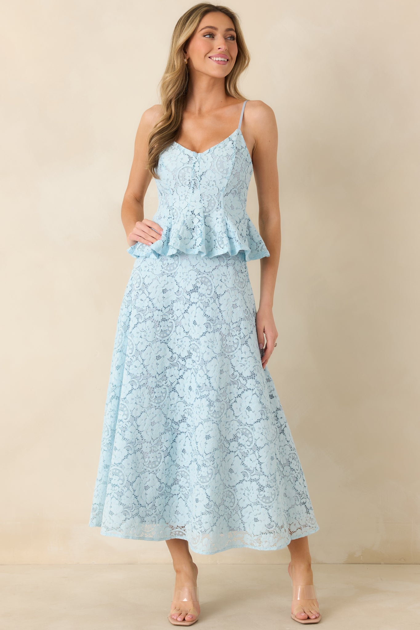 Soft Daylight Light Blue Guipure Maxi Skirt