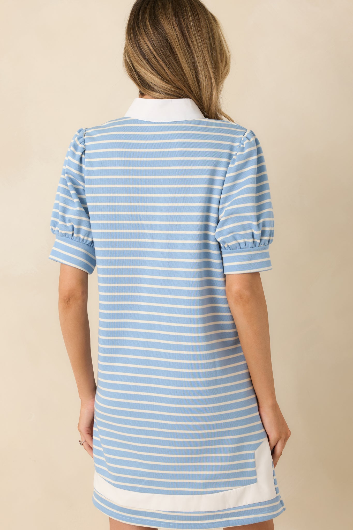 Easy Days Only Light Blue Stripe Puff Sleeve V-Neck Mini Dress