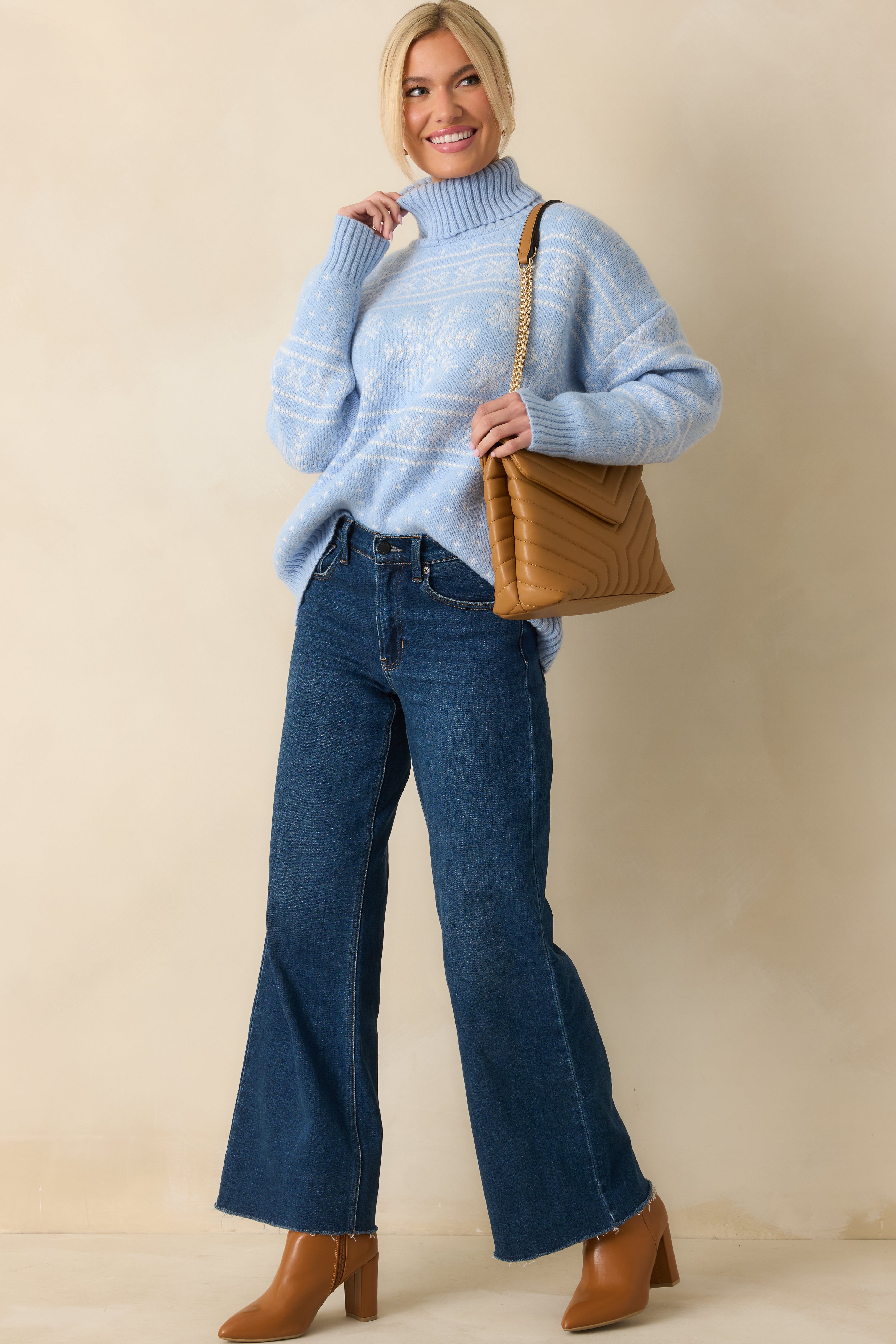 Winter Wanderer Light Blue Snowflake Knit Turtleneck Sweater