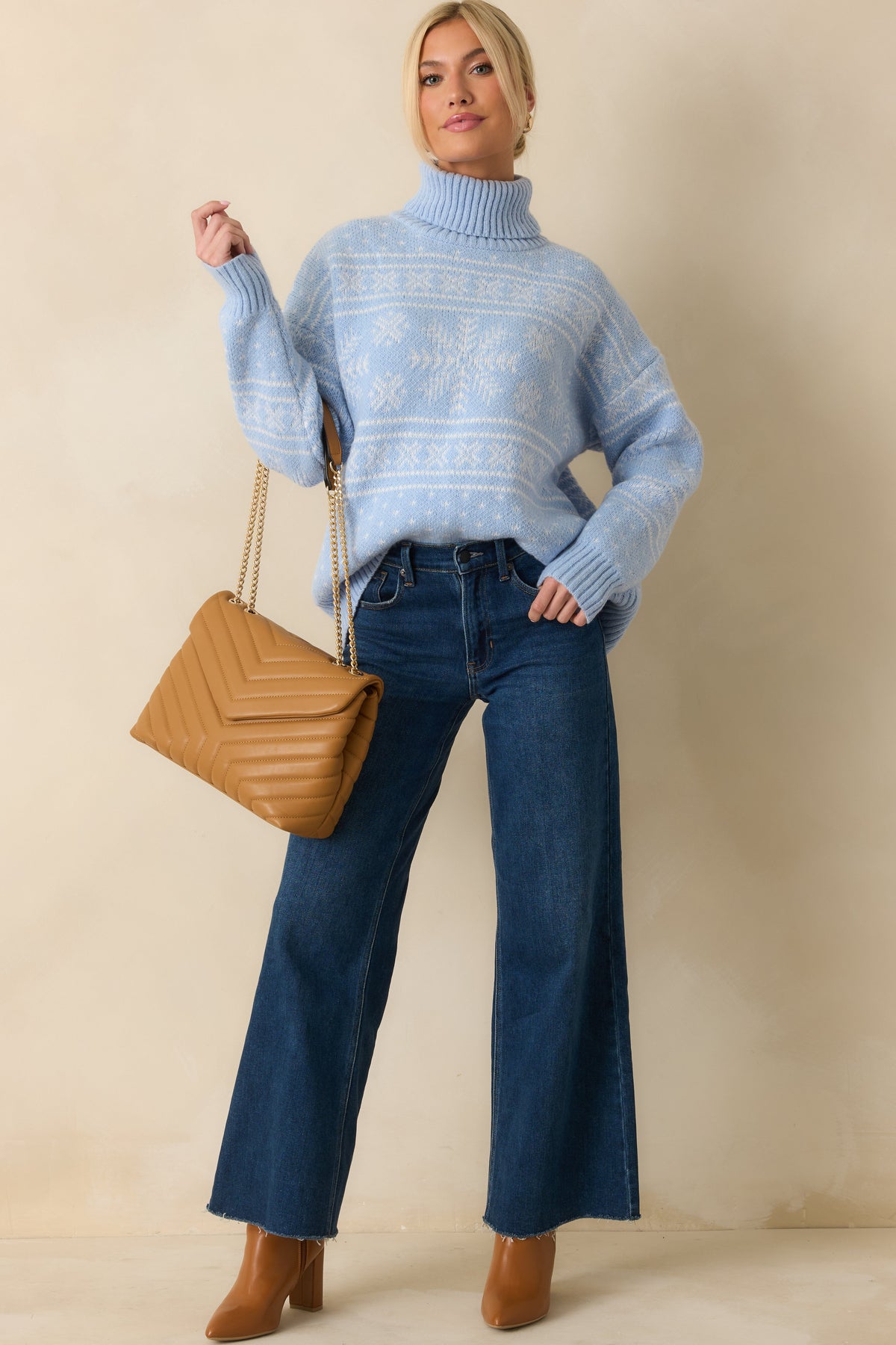 Winter Wanderer Light Blue Snowflake Knit Turtleneck Sweater