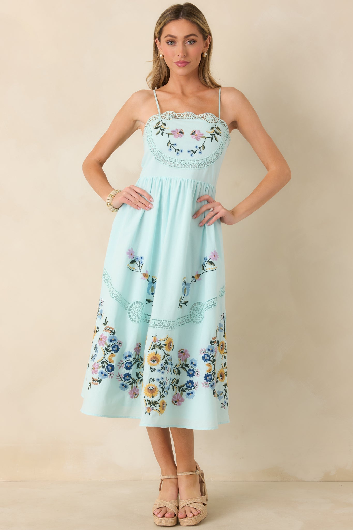 Dancing In The Garden Light Blue Floral Cotton Midi Dress