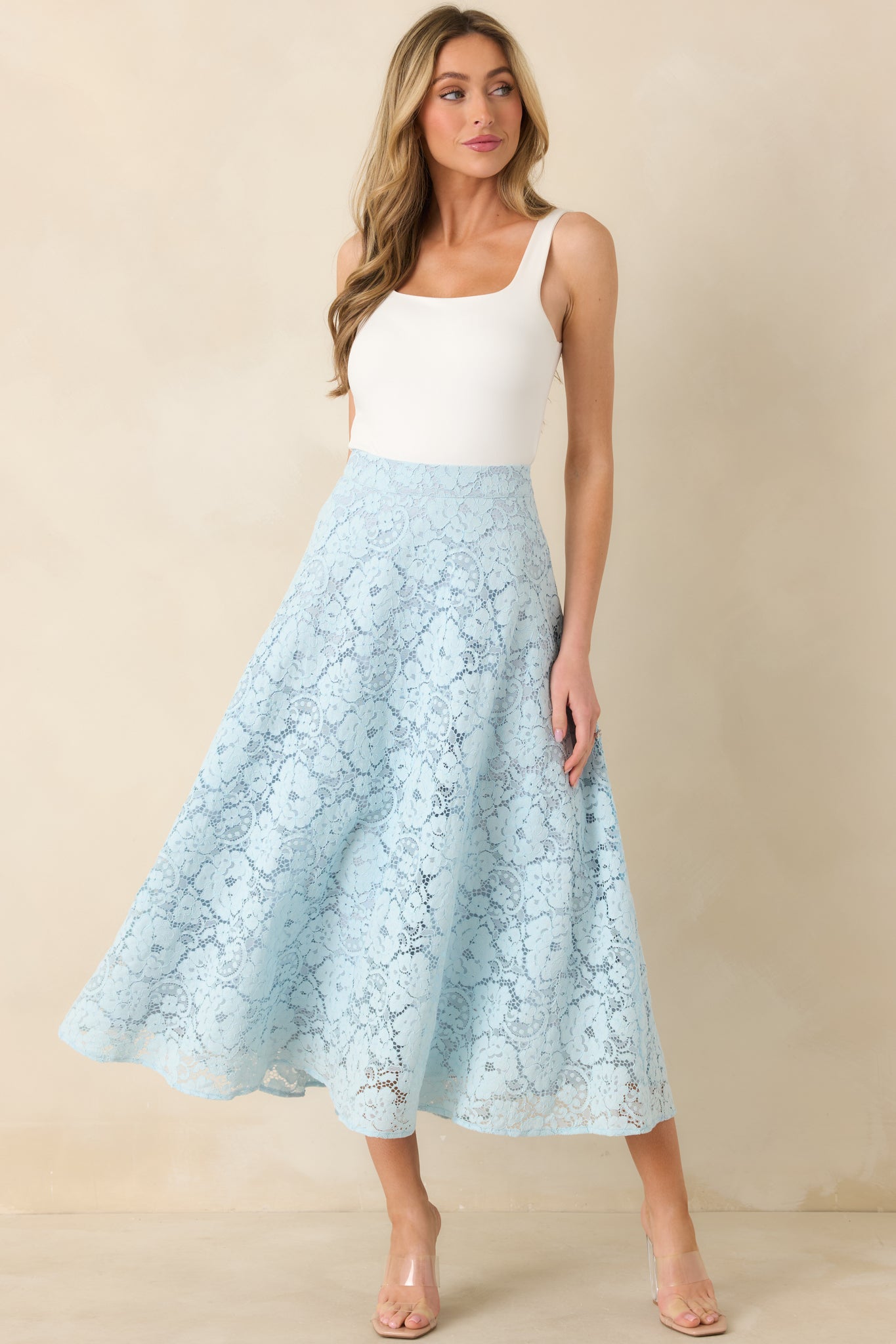 Soft Daylight Light Blue Guipure Maxi Skirt