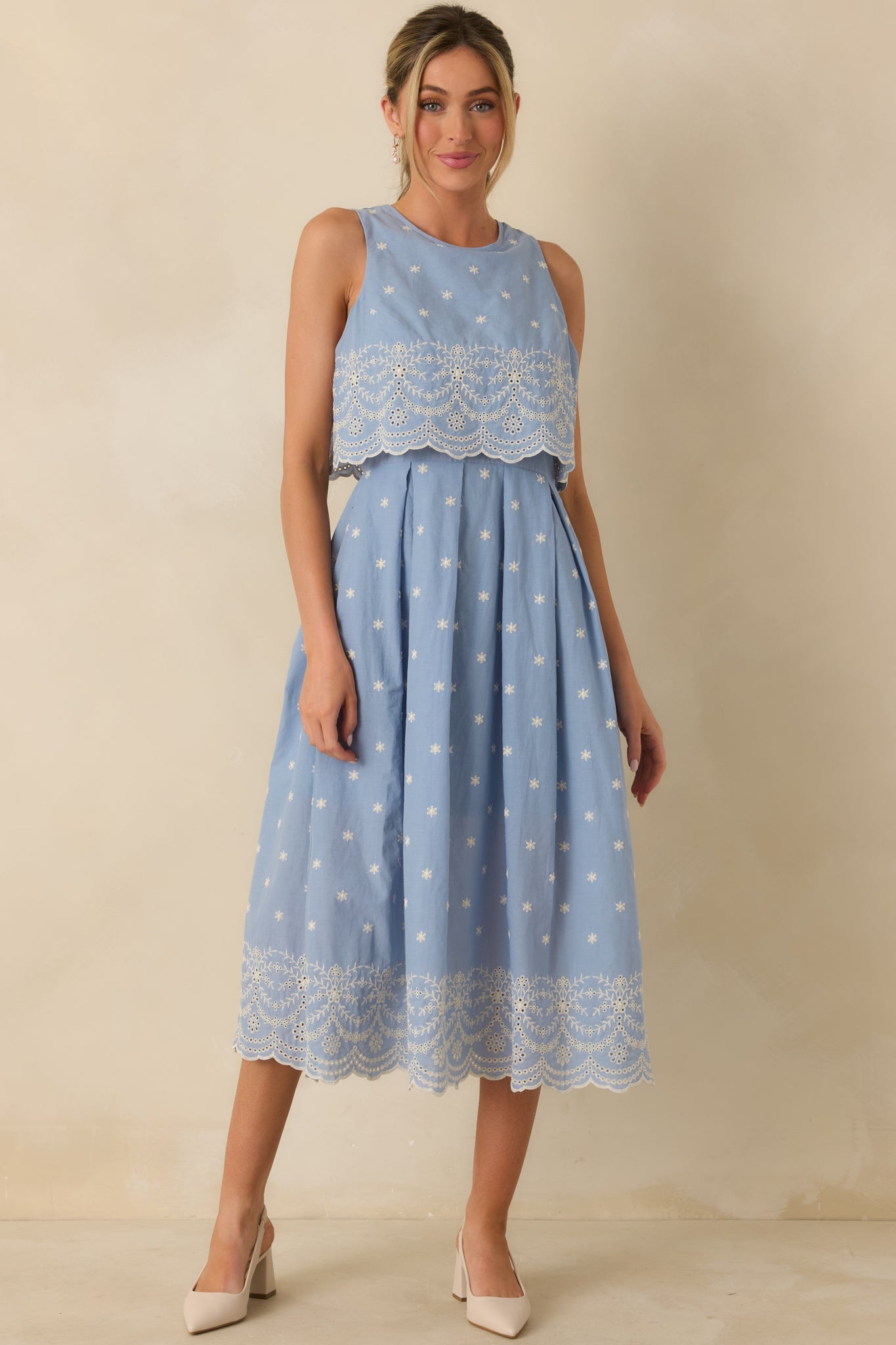 Right Here Waiting Light Blue Cotton Scallop Lace Embroidered Midi Dress