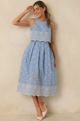 Right Here Waiting Light Blue Cotton Scallop Lace Embroidered Midi Dress