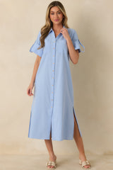 Show Me the Way Light Blue Cotton Button Front Midi Shirt Dress