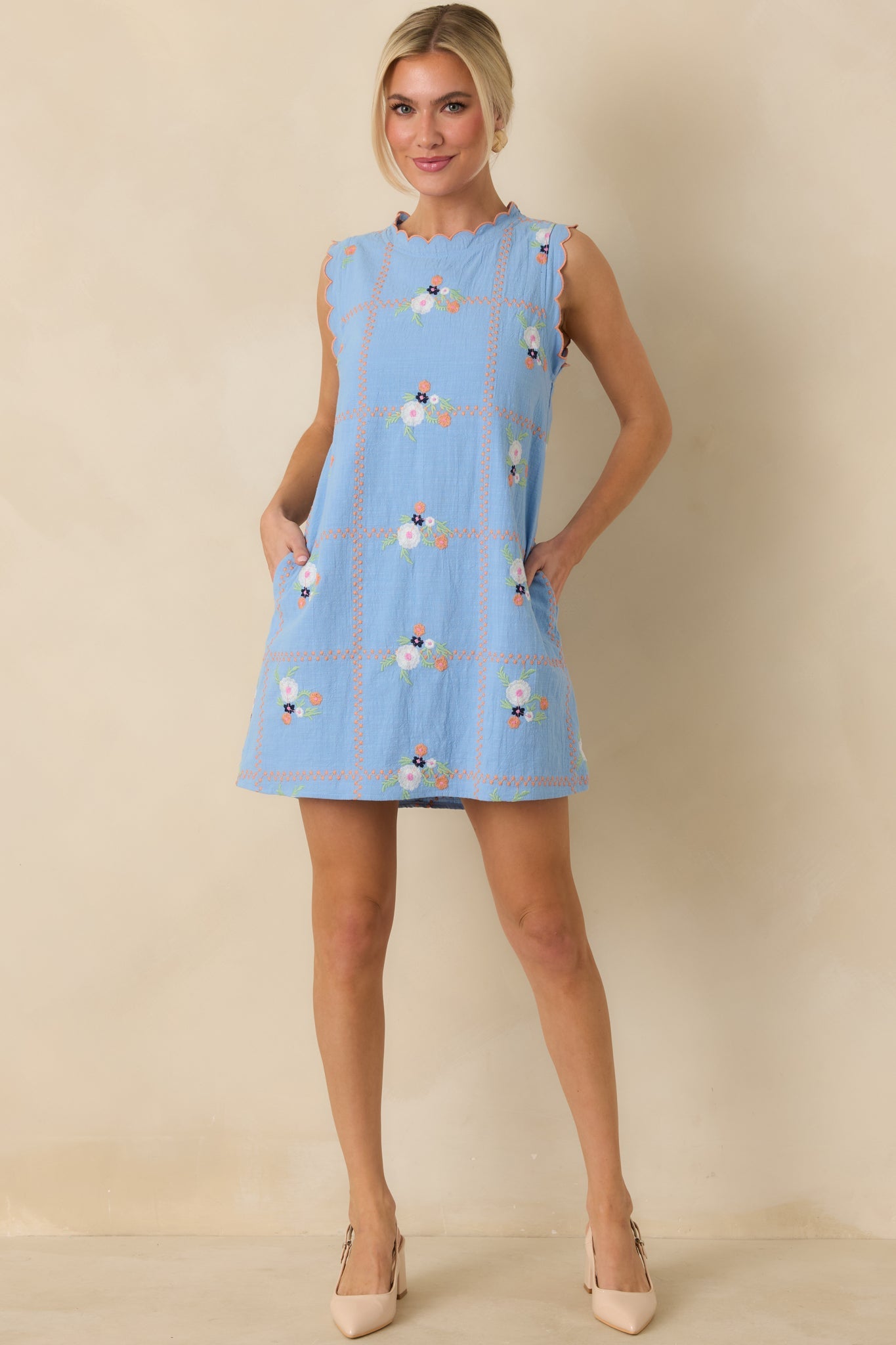 A Sweet Escape Light Blue Multi Floral Embroidered Cotton Sleeveless Mini Dress