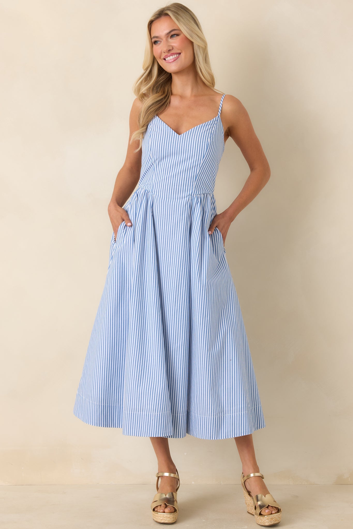 Weekend on the Coast Blue Stripe Sleeveless Midi Dress